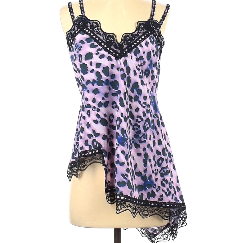 French Camisole - Koche Lilac Leopard Asymmetrical Satin Lace Cami Top - Picture 2 of 5